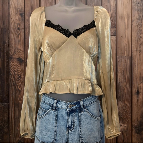 One Clothing Los Angeles Tops - Shimmering Gold Blouse with Black Lace Detail​